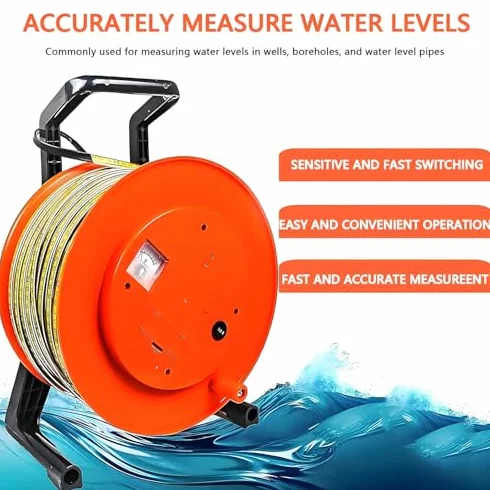Misuratore di livello dell'acqua con sonda e nastro in acciaio inox, misuratore di profondità accurato per pozzi, pozzi, tubi, strumento idrogeologico alimentato a batteria con display LCD e allarme