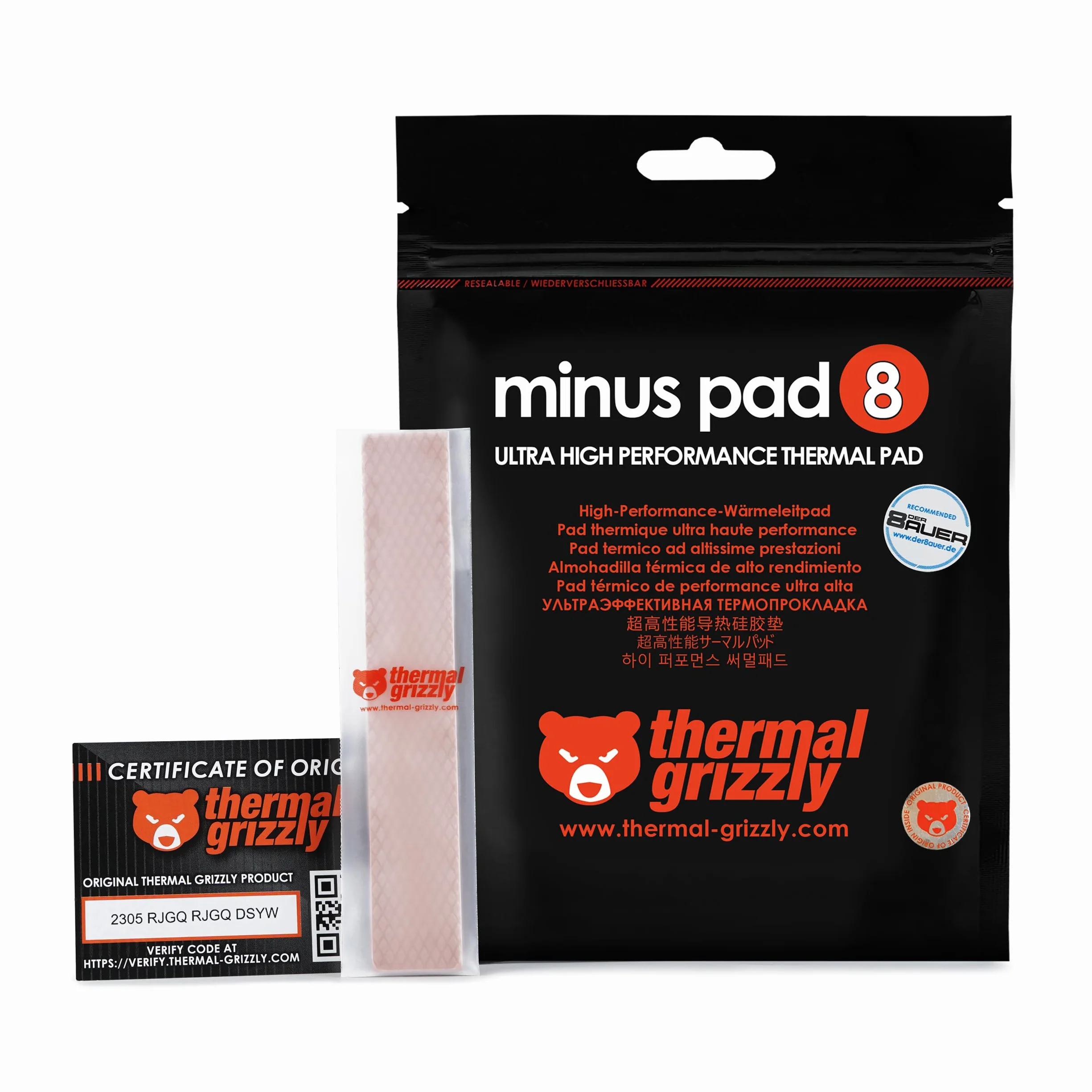 Thermal Grizzly Minus Pad 8-120x20x1.5mm - Confezione da 2 cuscinetti di interfaccia termica, elettricamente non conduttivo, alta conducibilità termica e comprimibilità per SSD, GPU ed elettronica
