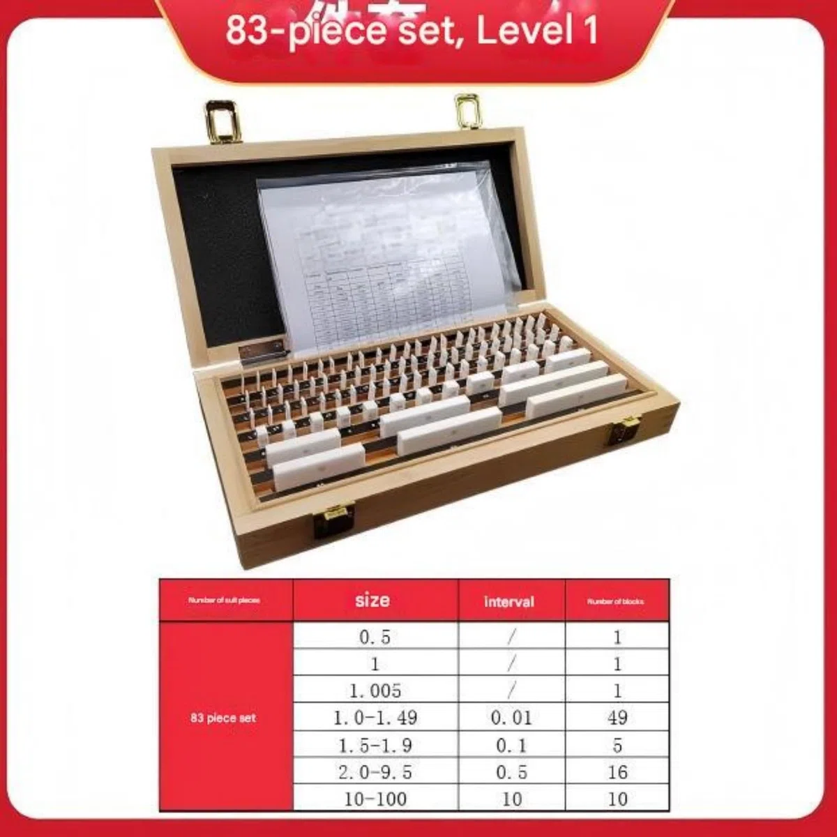 83 pezzi/set, set di blocchetti riscontro rettangolari in ceramica, strumenti grado 1 for l'ispezione micrometri e calibri per la metrologia professionale