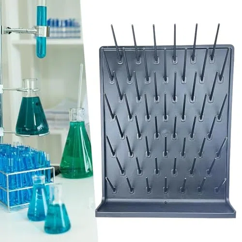 Scolapiatti da laboratorio per vetreria, 52 pioli, montaggio a parete, provette e bicchieri, con vassoio di drenaggio inclinato, per progetti scientifici ed esperimenti di chimica domestica